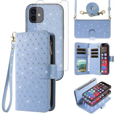 Imagem de Capa carteira compatível com iPhone 12 Pro iPhone 12 6.1 com zíper para celular e protetor de tela, alça transversal com glitter, suporte para cartão, capa para celular para iPhone12pro 5G i 12s 12pro