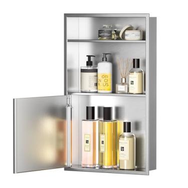 Imagem de Bernkot Armário de remédios embutido com porta 61 cm x 35 cm Armários de remédios de parede escovada com prateleira de 3 camadas Chuveiro de nicho de aço inoxidável 304 para armazenamento de banheiro
