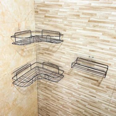 Imagem de Kit 3 Prateleiras De Banheiro Suporte De Shampoo Organizador Sem Furo Reto e Canto acessórios para banheiro，banheiro preto，kit de banheiro acessórios