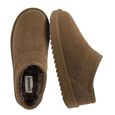 Imagem de CUSHIONAIRE Hilo-3 Pantufas femininas confortáveis de camurça, forro de pele sintética macia, sem cadarço, para casa, com espuma viscoelástica acolchoada, Camurça genuína de madeira marrom, 37