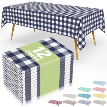 Imagem de Smiry 12 pacotes de toalhas de mesa descartáveis guingão, 137 x 272 cm, toalha de mesa de plástico impermeável, retangular, azul marinho e branco, para piquenique, aniversário, festa