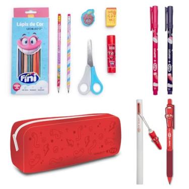 Imagem de Kit Material Escolar Fini Leo&Leo – 12 itens: Estojo de Silicone, Lápis de Cor 12 Cores, 2 Lápis Grafite, Tesoura, Cola, Borracha, Apontador, 2 Caneta Gel, Lapiseira e Marca-Texto (Vermelho)