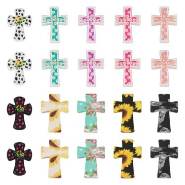 Imagem de Beadthoven 20 peças de contas focais de silicone cruzadas com estampa de flor de vaca para canetas coloridas Páscoa Jesus crucifixo em forma de cruz espaçadores de borracha para chaveiros, joias