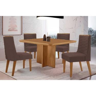Imagem de Sala Jantar Mesa Berlim Tampo Curvo 90cm+4 Cadeiras Maldivas Madeira Naturale - Capuccino/Suede Marrom - Rufato