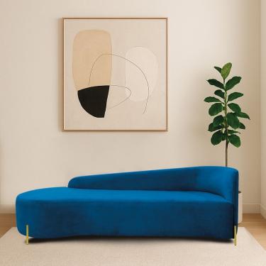Imagem de Divã Recamier Orgânico França 220cm Lado Esq Pés Metal Dourado Linho Cor Azul Royal