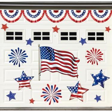 Imagem de Whaline 21 peças de ímãs patrióticos para porta de garagem, vermelho, azul, bandeira dos EUA, estrela, fogos de artifício, adesivos magnéticos para geladeira para decoração de quarto de festa de julho