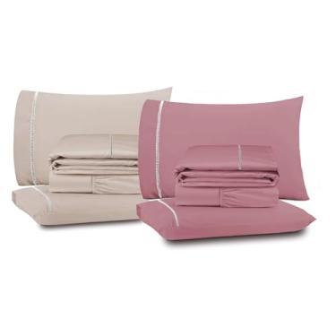 Imagem de Kit 2 Jogos de Lençol King Premium 4 Peças, Toque Macio, Ponto Palito, 400 Fios Casa Dona Rose e Marfim