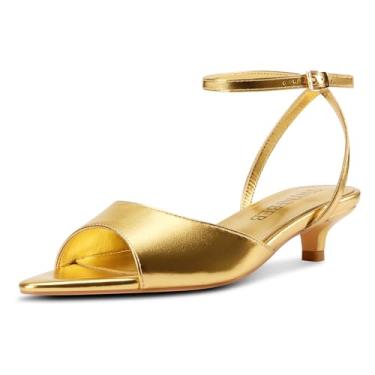 Imagem de TNYNFBEB Sandália feminina de salto baixo com bico aberto, tira no tornozelo, fivela, vestido de casamento para formatura, verão, salto de 3,5 cm, Dourado, 35