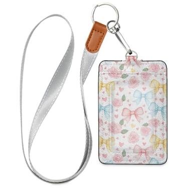 Imagem de Burbuja Porta-crachá de couro com cordão, etiqueta de identificação de rosas com 1 janela transparente para identidade e 2 compartimentos para cartão para escritório, enfermeira, professor, médico