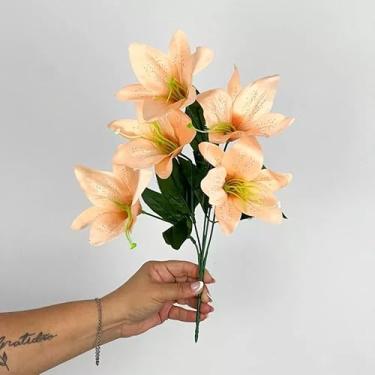 Imagem de Buquê de Lírios Artificiais – Kit Econômico – Flores Decorativas em Seda para Casa, Eventos e Vitrines (Salmão,Kit com 4 unidades)