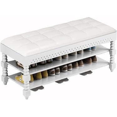 Imagem de Banco de sapatos, banco de armazenamento organizador com almofada 2 níveis sapateira para entrada sala de estar quarto corredor móveis de madeira, fácil de montar (tamanho: 50 x 30 x 48 cm, cor