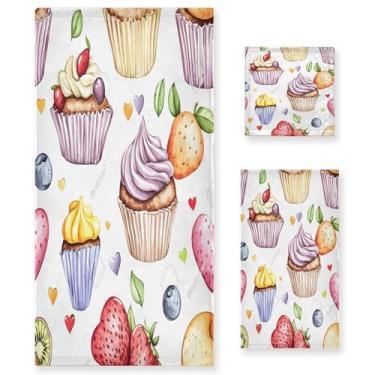 Imagem de xigua Lindo conjunto de toalhas de banheiro Cupcakes absorventes macios 3 peças toalha de banho toalha de mão toalhas decorativas para banheiro, academia, hotel, praia, piscina