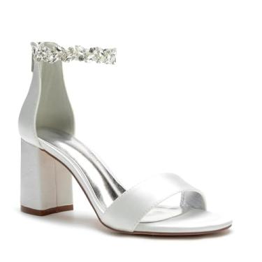 Imagem de Sandália feminina de bico aberto, salto alto, salto alto, cristal, casamento, noite, formatura, dança, festa, tira no tornozelo, sapatos de salto alto, Marfim, 41