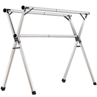 Imagem de Escorredor de roupas de aço inoxidável resistente - Suporte de vestuário dobrável e portátil com comprimento ajustável (240 cm/94 pol) e ganchos à prova de vento para secagem eficiente da roupa