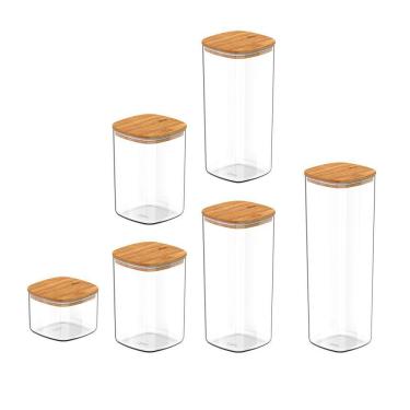 Imagem de Conjunto De Potes Herméticos Keep 6 Peças Transparente Com Tampa De Bambu Ou