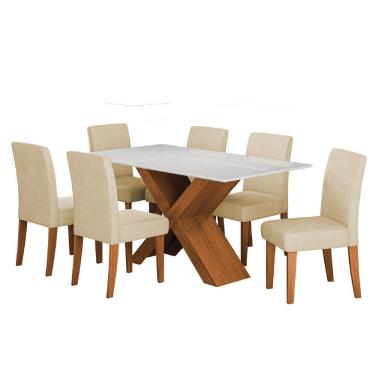 Imagem de Conjunto De Mesa Sala De Jantar Tampo Com Vidro 1,60m Grécia 6 Cadeiras Trieste Dobuê Madeirado Bege