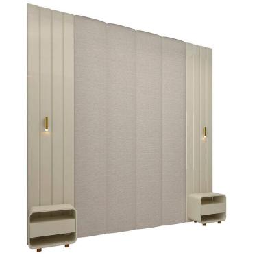 Imagem de Cabeceira Box 2 Placas Ripadas Majestade 2 Luminárias 2 Mesas Cabeceira Innova 100% Mdf Magnífica Natural Claro/Off White