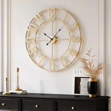 Imagem de Cuspin Relógio de parede dourado de 50 cm, grandes relógios de parede decorativos, operados por bateria, relógio redondo de metal moderno, silencioso, sem tique-taque, algarismos arábicos para sala de