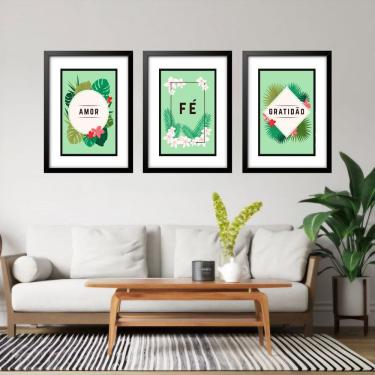Imagem de Kit 3 Quadros Grandes Verdes Amor Fé Gratidão 60x48cm