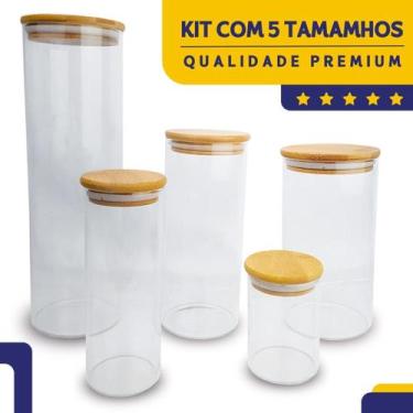 Imagem de Kit Porta Mantimentos de Vidro Hermético com Tampa de Bambu 5 Peças - 