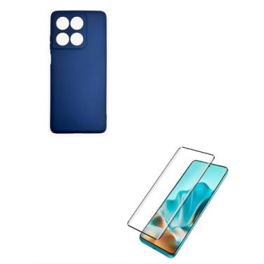 Imagem de Kit para Moto Edge 60  Capa Silicone Aveludada Azul Marinho + Película