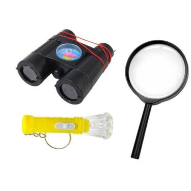 Imagem de Kit Detetive Criança Com 3 Brinquedos Binóculo Preto E Lupa E Lanterna