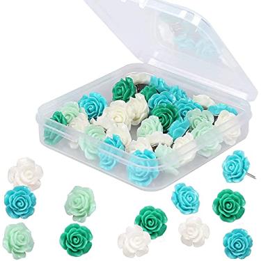 Imagem de 30 peças de alfinetes de flor de rosa para polegares de flores fofas decorativas, pinos coloridos, para parede, quadro branco, cortiça, mapa, quadro de avisos, escritório ou casa (verde)