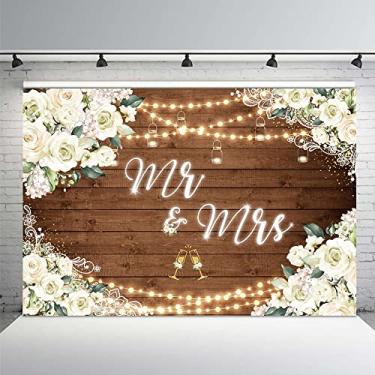 Imagem de MEHOFOND 7 x 5 pés branco floral Mr & Mrs decorações de noivado pano de fundo para casais casamento fundo de madeira noiva e noivo cerimônia noivado aniversário chá de panela suprimentos para festa adereços para cabine de fotos