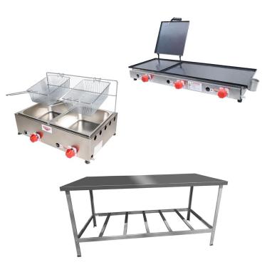 Imagem de Kit Lanchonete Mesa de Manipulação 190x70cm + Fritadeira a Gás 2 Cuba + Chapa a Gás 90cm Alcamar