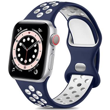 Imagem de Pulseira esportiva de silicone de substituição Lerobo compatível com Apple Watch 9, 8, 7, 6, 5, 4, 3, 2, 1, SE e Ultra 2, de 41 mm, 40 mm e 38 mm, macia e respirável, unissex, azul-escura/branca, P/M
