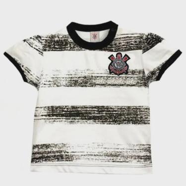 Imagem de Camiseta baby look revedor corinthians listras craqueladas menina branco E preto