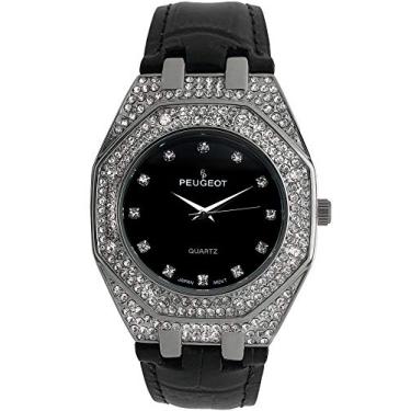 Imagem de Relógio de pulso feminino Peugeot com bisel de cristal e pulseira de couro combinando, Preto