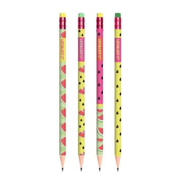 Imagem de Kit 04 Lápis de Escrever Preto HB Melancia Decorado com Borracha Leo&Leo