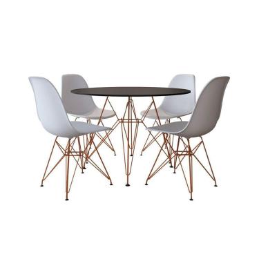 Imagem de Mesa De Jantar Com 4 Cadeiras Brancas Tampo Redondo Preto 110Cm Com Base Em Ferro Cobre