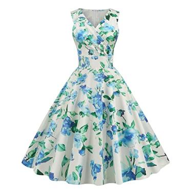 Imagem de UIFLQXX Vestido feminino vintage com decote em V, estampa floral, sexy, vestido de coquetel, sem mangas, vestido evasê, Azul claro, M