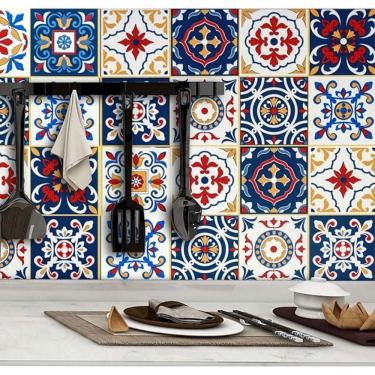 Imagem de Papel de Parede Estilo Azulejo Ladrilho Hidráulico em Tons Coloridos Adesivo Lavável Cozinha Criativa