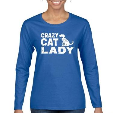 Imagem de Crazy Cat Lady Camiseta feminina manga longa divertida amante de gatinhos animais de estimação mãe feline rainha miau gatos humor mamãe sarcástica, Azul, GG