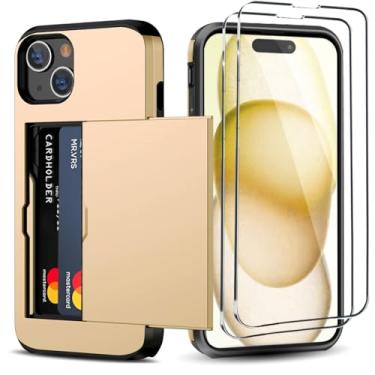 Imagem de Benbenjaytek Capa carteira para iPhone 15 Plus com suporte para cartão + 2 películas de vidro temperado, camada dupla à prova de choque com compartimento oculto para cartões, capa fina feminina e masculina de 6,7 polegadas (dourada)