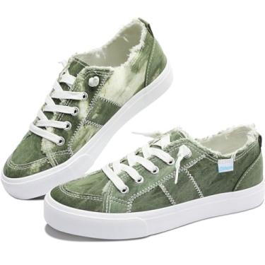 Imagem de Obtaom Tênis feminino Play Fashion branco lavado e lona leopardo sem cadarço, Verde oliva, 40