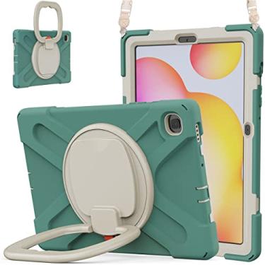 Imagem de Capa de rotação 360 para Samsung Galaxy Tab S6 Lite 26.4 cm capa resistente anel giratório suporte alça de transporte alça de mão resistente crianças adultos capa exterior (verde escuro)