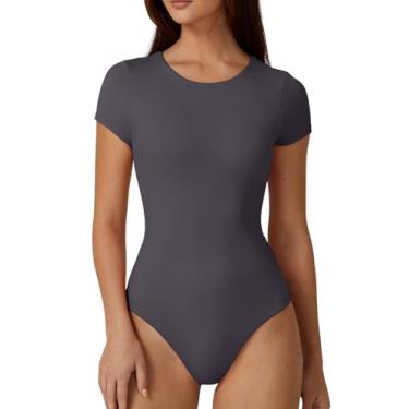 Imagem de QINSEN Body feminino com gola redonda e manga curta, forro duplo, camiseta básica, Cinza escuro, G