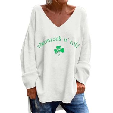 Imagem de Camiseta feminina PKDong Saint Patricks Day Shirts Irish Lucky Shamrock manga longa solta Let The Shenanigans Begin Letter Print Tee, Z01 Branco, GG