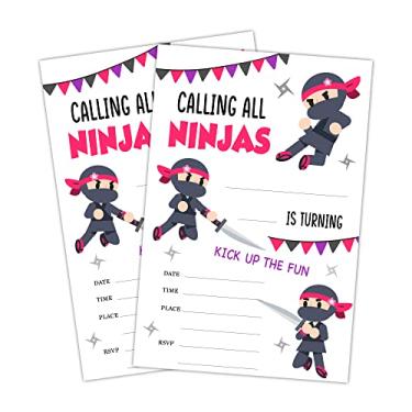 Imagem de LWBEO 20 cartões de convite de aniversário com envelopes, convite de celebração de feliz aniversário para meninos ou meninas, suprimentos de festa de aniversário Ninja Girls Warrior Party -A45