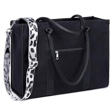 Imagem de Bolsa de ombro feminina de lona de 39.6 cm, bolsa mensageiro de computador, bolsa de professor, pasta de escritório, Estampa de leopardo preto, Bolsa para laptop