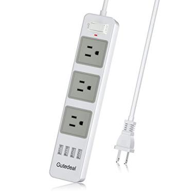 Imagem de Tira de energia de 2 garras com USB, adaptador de tomada de 2 garras a 3 garras com cabo de extensão de 4 portas USB de 2 m, 3 saídas CA protetor contra surtos de tomada plana para tablets de smartphone em casa, escritório e hotel, branco