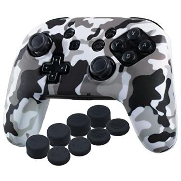 Imagem de YoRHa Capa de silicone cravejada com estampa de transferência APENAS para controle Nitendo Official Switch Pro x 1 (branca) com alças de polegar profissionais x 8