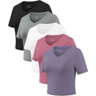 Imagem de Xelky Camiseta feminina cropped dry fit para treino, manga curta, lisa, gola V, casual, justa, preto/cinza/branco/rosa rosado/roxo, M