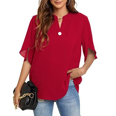 Imagem de Funlingo Tops femininos de verão camisas casuais de manga curta gola V chiffon blusa elegante tops, 01 Vermelho, 4G