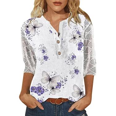 Imagem de Camisetas femininas casuais de verão 2024 manga 3/4 de comprimento verão gola redonda blusas soltas com estampa de flores, Ofertas relâmpago roxo, G