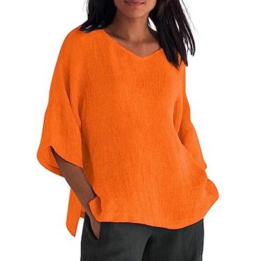 Imagem de Blusas de linho femininas plus size manga 3/4 comprimento casual solto gola redonda blusa fashion verão 2024, Ofertas flash laranja, XXG